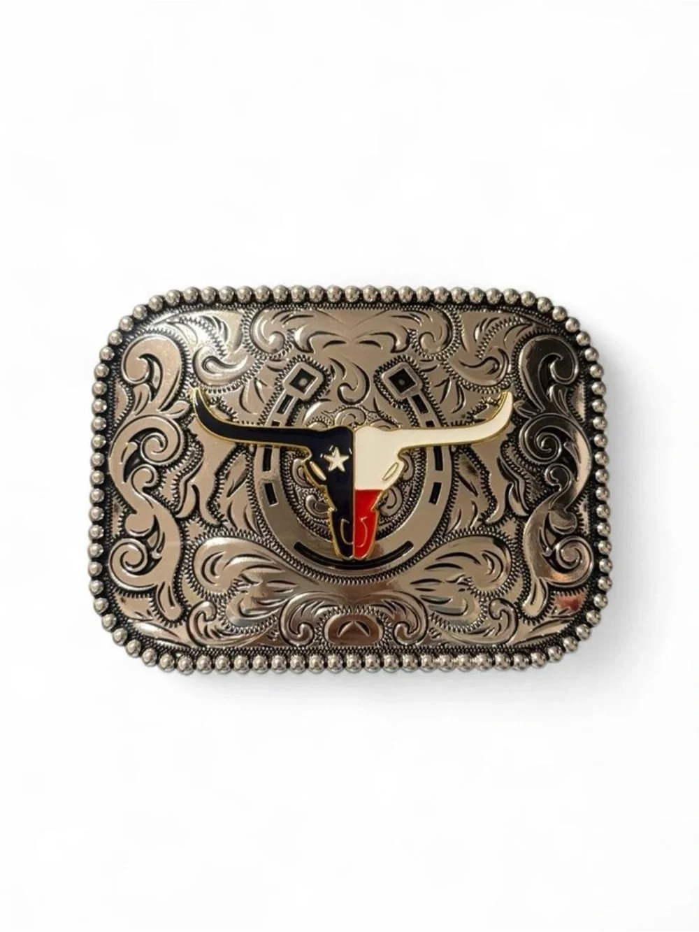 Western Longhorn Decorative Belt Buckle in Silver with Red, Blue & Gold Accents